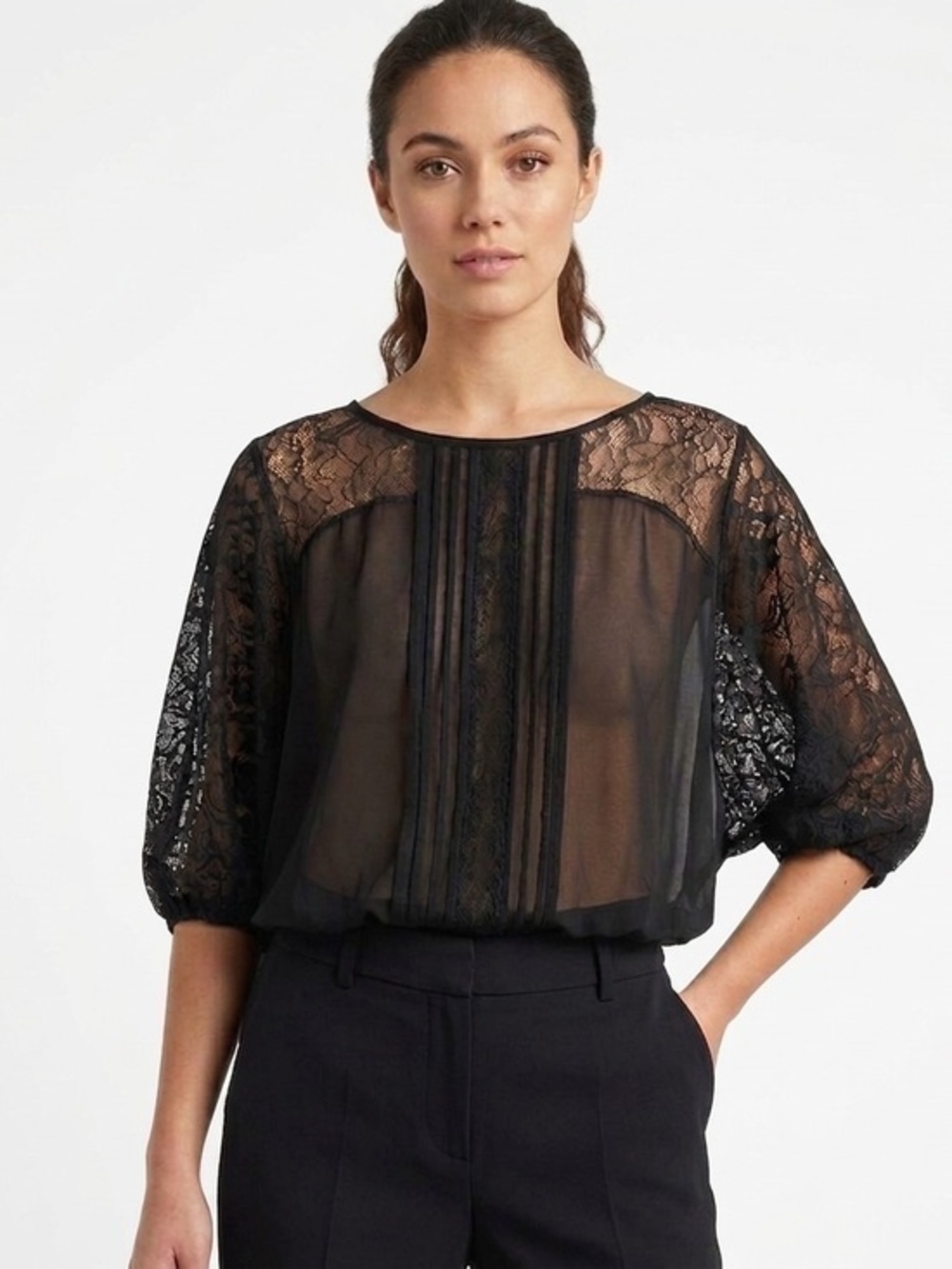 Bellatrix Black Sheer Lace Yoke Blouse Batwing Sleeve Elastic Waist Size Medium